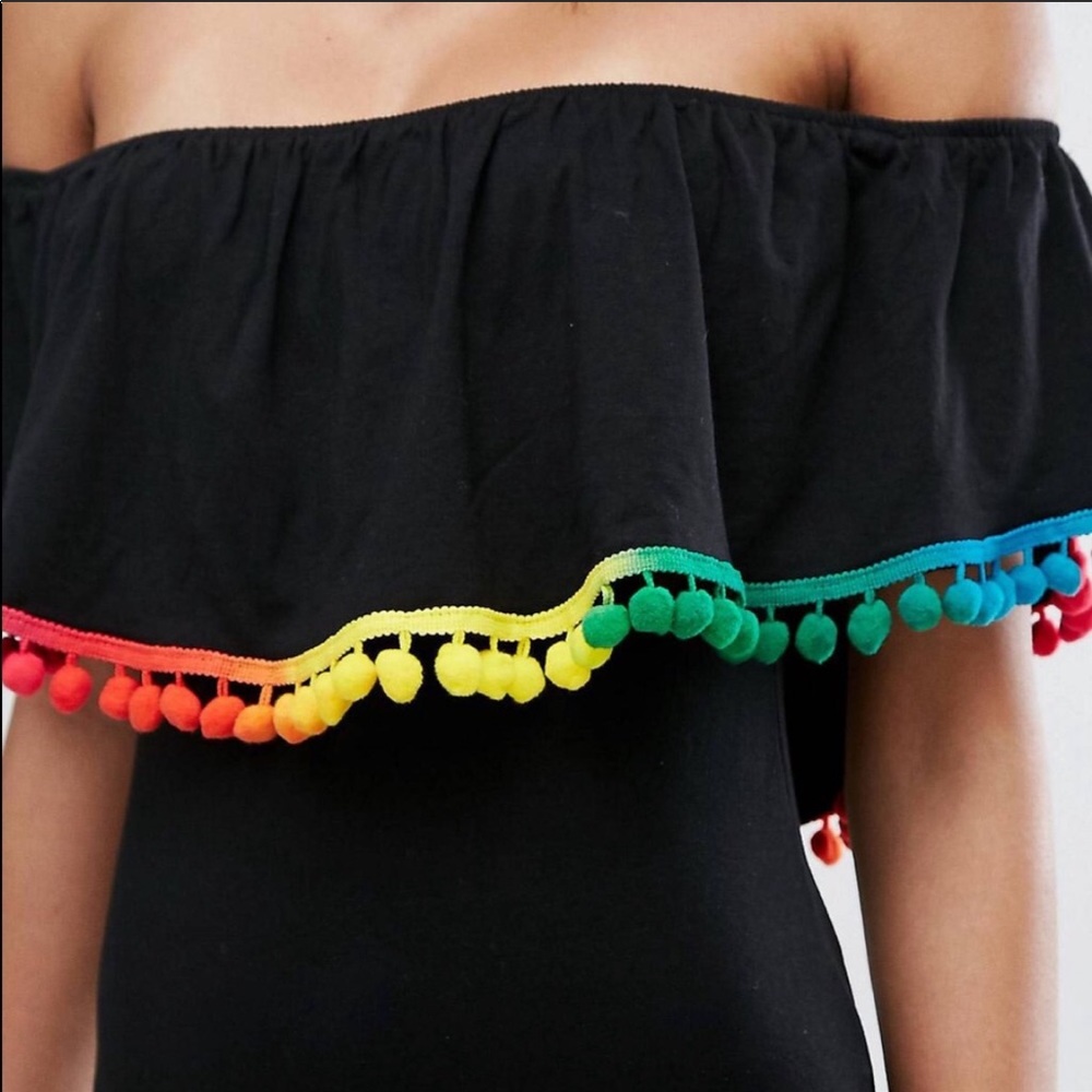 ASOS Pom Pom Off Shoulder Bodysuit w/ Rainbow Poms